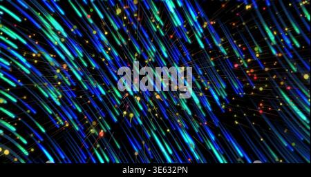 Flowing diagonal light streaks and bright particles creating motion in abstract space, with grid Stock Photo