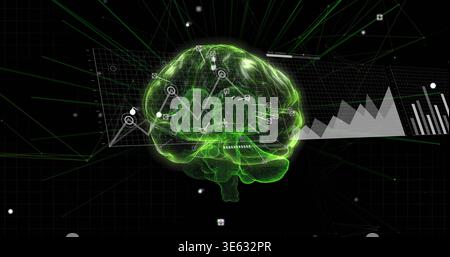 Floating hologram neon-green brain projecting nodes over 3D grid, showing line graph and HUD Stock Photo