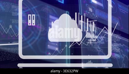 Displaying white cloud icon on large monitor frame on dashboard, showing line charts and code Stock Photo