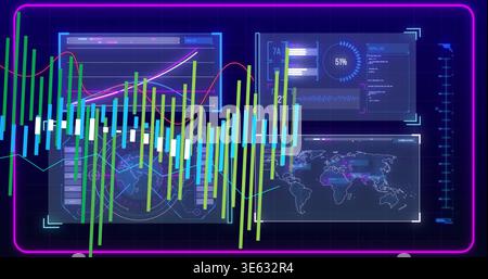 Displaying interactive analytics HUD centered on dark grid, showing vertical bars and 51% gauge Stock Photo