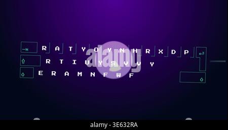 Showing central play button hovering over framed block letters on dark purple UI, cyan key outlines Stock Photo