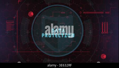 Displaying central shield emblem glowing cyan DATA PROTECTION in security dashboard, with hex grid Stock Photo