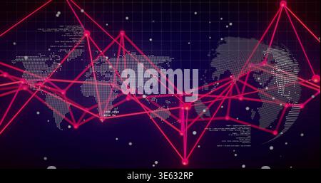 Displaying stylized dotted world map and magenta connecting lines with nodes in virtual dashboard Stock Photo