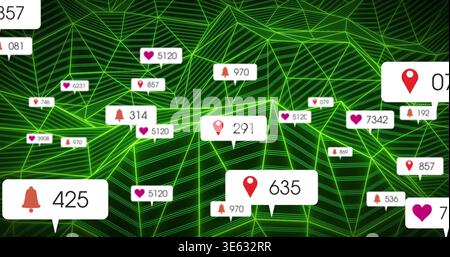 Floating white notification tag showing 635 with red pin and orange bell on neon-green mesh Stock Photo