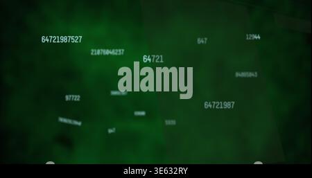 Displaying central numeric label 64721 glowing in dark green HUD, with overlaid strings 64721987 Stock Photo