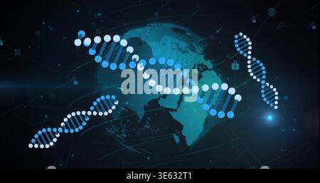 Displaying large DNA helix of nodes stretching across center over dotted globe with padlock icons Stock Photo