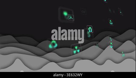 Floating green icons drifting over centered gray waves in data dashboard, showing wind turbine, CO Stock Photo
