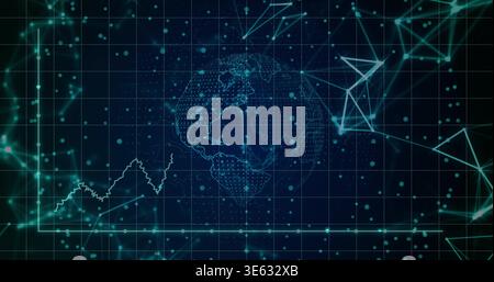 Rotating dotted wireframe globe showing Americas, pulsing nodes moving in data UI jagged chart Stock Photo