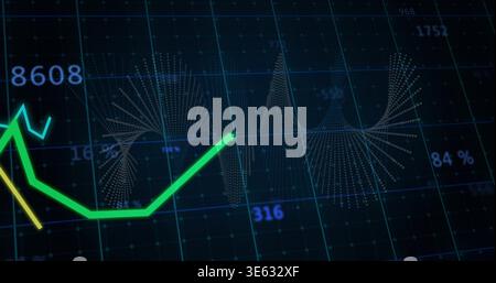 Showing dashboard with neon line graphs and dotted 3D waveforms on virtual grid with numeric labels Stock Photo