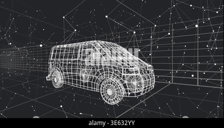 Displaying white wireframe passenger van sitting in virtual 3D space, with grid plane Stock Photo