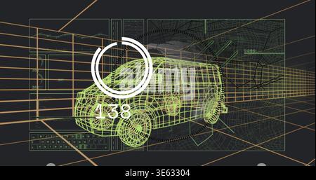 Rendering neon-green wireframe van model rotating in virtual CAD workspace, with HUD 138, grids Stock Photo