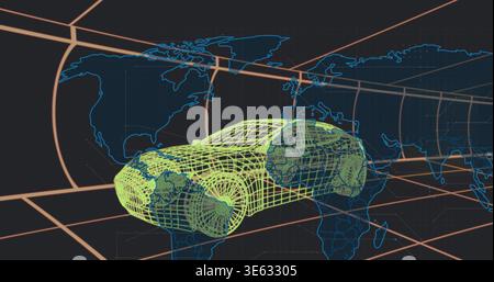 Rotating neon green wireframe car hovering above dark grid floor, with blue map orange tunnel axes Stock Photo