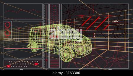Displaying neon lime yellow wireframe van occupying center of virtual 3D studio, with HUD panels Stock Photo