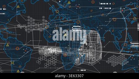 Displaying wireframe tractor-trailer moving over global dashboard map, showing nodes, hex clusters Stock Photo