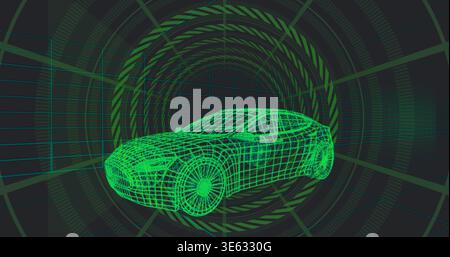 Rotating neon-green wireframe car model revealing wheel spokes inside CAD tunnel, with grid guides Stock Photo