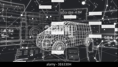 System command initiating digital twin scan, wireframe SUV rotating, highlighting data panels Stock Photo