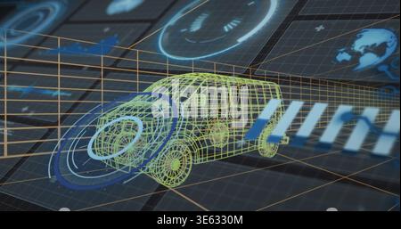 Rotating neon wireframe car model displaying sensor rings in virtual lab, with HUD panels Stock Photo