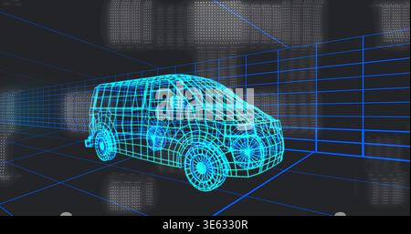 Displaying wireframe van model showing mesh lines, wheels mirror in depth grid with dotted panels Stock Photo