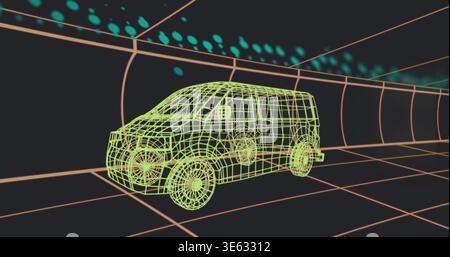Rendering neon-green wireframe van rotating in virtual tunnel on grid floor, showing wire wheels Stock Photo