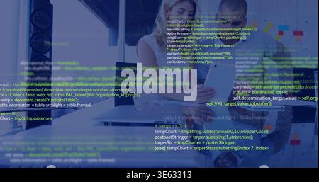Two software devs coding at desk, typing causing code UI and charts showing bugs for debugging Stock Photo