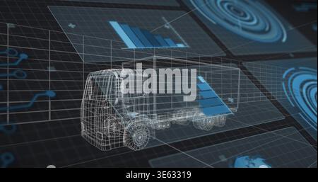 Displaying wireframe medium box truck floating on virtual grid, with blue bar charts and radar Stock Photo