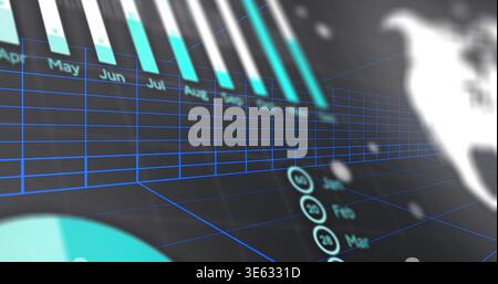 Displaying 3D bar chart centered in dashboard, with cyan bars, blue grid, month labels, teal pie Stock Photo