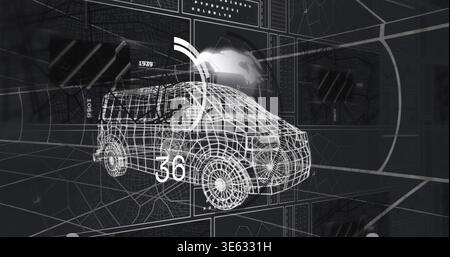 Rotating wireframe van upon system starting scan in AR workspace showing numeric 36 and radial arcs Stock Photo