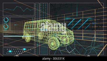Rendering 3D wireframe van model rotating in virtual dashboard, with HUD panels and tiled map Stock Photo