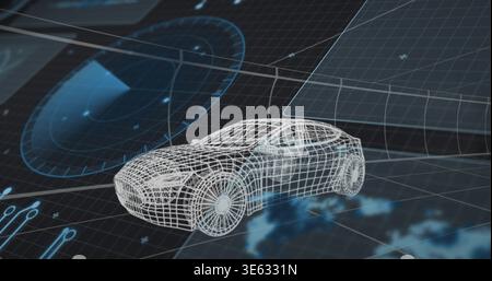 Displaying white wireframe car model rotating on virtual grid plane, with radar HUD overlays Stock Photo