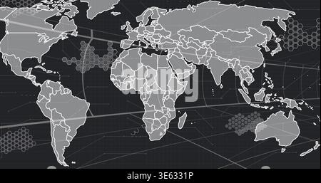 Displaying stylized world map filling frame on dashboard, with hexagonal clusters and gridlines Stock Photo