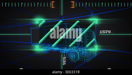 Displaying neon-blue wireframe semi-truck model rotating inside HUD, with green diagonal bars Stock Photo