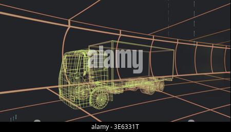 Rendering 3D neon wireframe box truck occupying center in CAD tunnel, showing grid, vanishing point Stock Photo