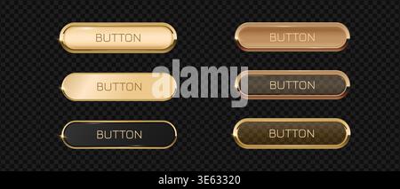 Gold button frame and glass 3d badge, Rectangular with rounded corners golden button icon on dark background, Premium signboard for web UI design Stock Vector