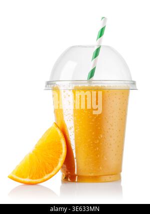 Freshly squeezed cold orange juice in disposable plastic cup with domed lid and slice isolated on white Stock Photo