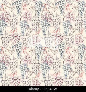 Vintage grapevine pattern with grape clusters and curling tendrils, lush foliage on branches. Seamless ink vector illustration. Rustic packaging, wine Stock Vector