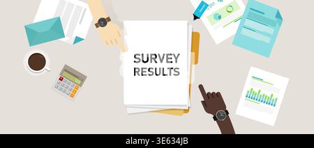 survey results document folders overhead view of business collaborative data analysis and strategic planning in a professional office environment Stock Vector