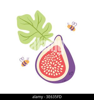 Cut fig with leaf and bees flat vector, organic fruit composition isolated on white Stock Vector
