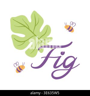 Fig text with leaf and bees vector, organic lettering composition isolated on white Stock Vector