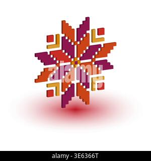 Isometric pixel Vector. Colorful 3D three. Geometric flower ornament. Bright purple red. Manual vector only. No autotrace used. EPS 10. Stock Vector