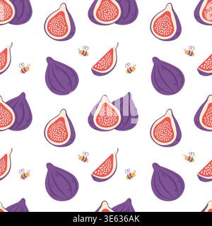 Fig seamless pattern with bees, organic fruit background vector Stock Vector