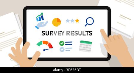 Survey report business data analysis on digital tablet screen showing survey results with professional charts customer satisfaction research Stock Vector