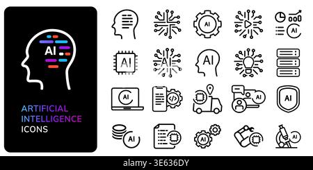 Artificial intelligence line icon set featuring neural networks machine learning robotic process automation data science head circuit boards deep Stock Vector