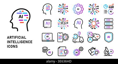 Artificial Intelligence icon set for machine learning and digital technology featuring neural networks and brain symbols with robotic automation Stock Vector