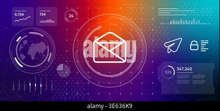 email futuristic digital communication email envelope icon on high tech background featuring data visualization dashboard globes charts and analytics Stock Vector