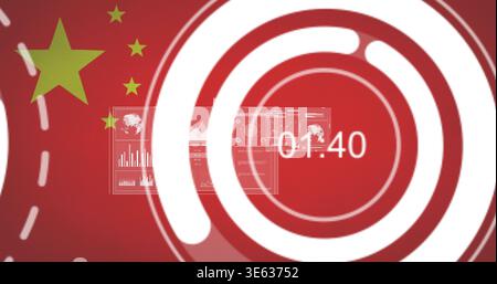 Showing white concentric rings featuring countdown 01:40 on red China flag screen, HUD and stars Stock Photo
