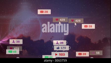 Drifting social notification badges moving across cosmic sky, with planet and cursors Stock Photo