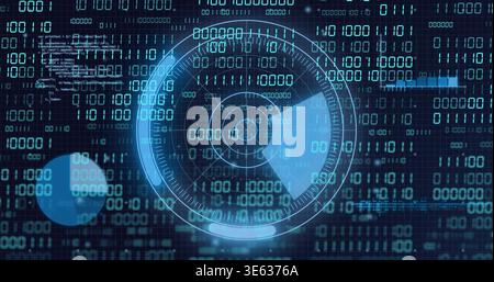 Displaying central radar HUD sweeping over virtual interface, with binary streams, left node Stock Photo