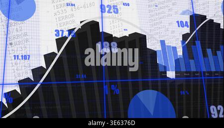 Displaying dark filled area chart on grid paper, showing white trend line, blue bars, pie, labels Stock Photo