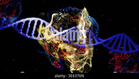 Glowing blue DNA double helix stretching across deep black void, with swirling golden particles Stock Photo
