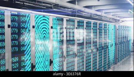 Glowing glass server cabinets showing turquoise fingerprint graphics in data center aisle Stock Photo